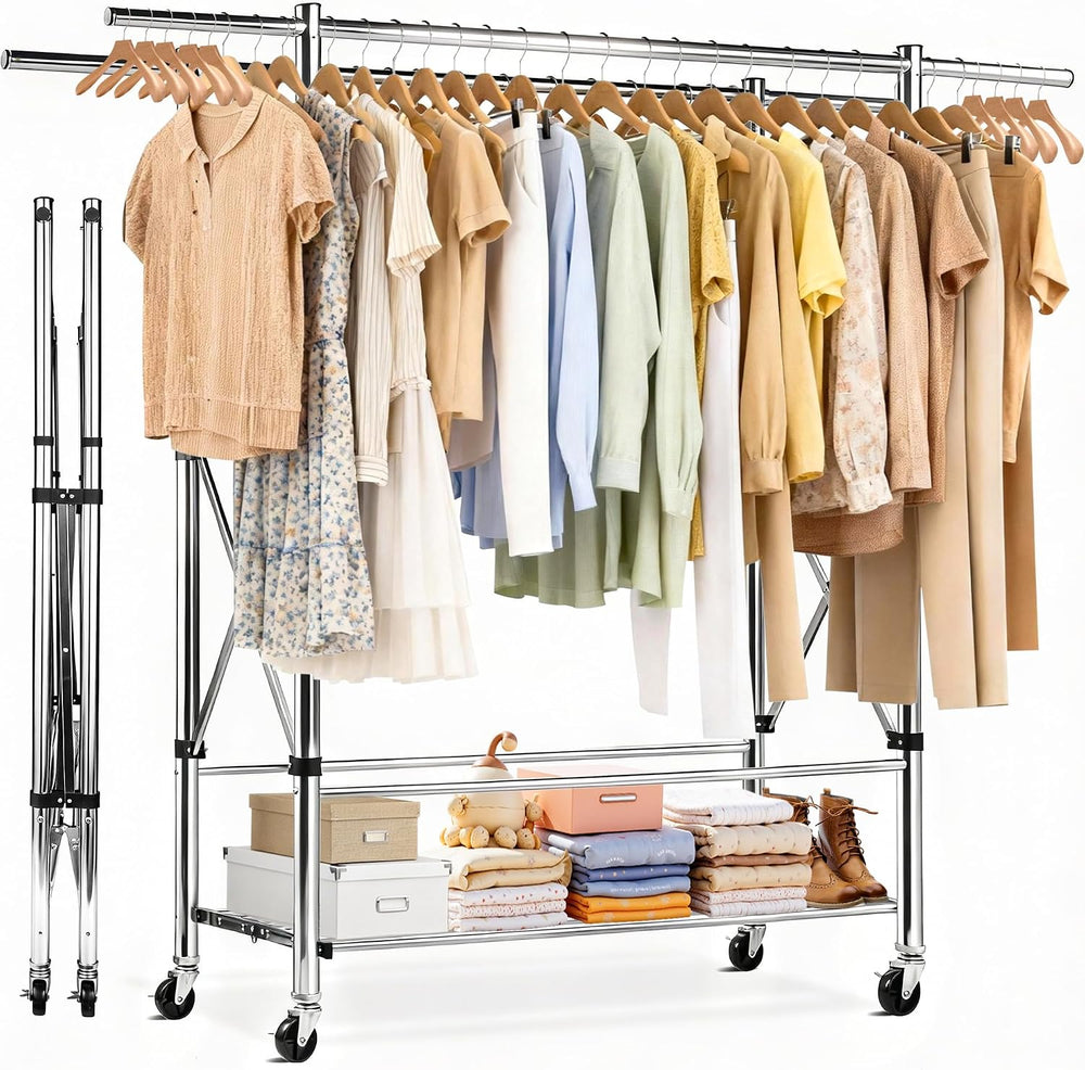 Heavy Duty Clothes Rack with Shelves, 77 Inch Extra Long Adjustable Double Ro...