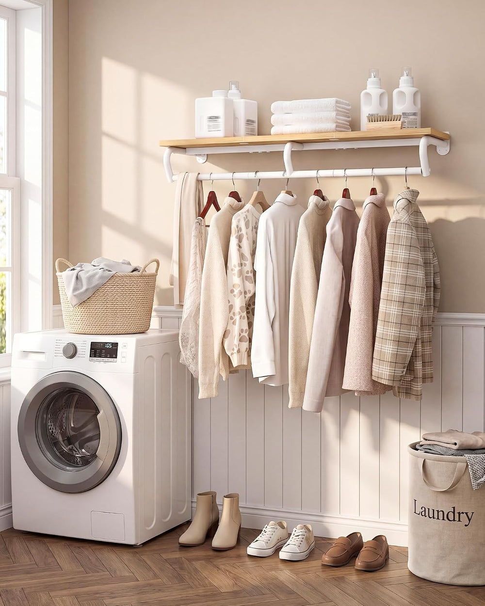 Wall Mounted Clothes Rack, Metal Garment Rack with Top Shelf, Laundry Storage...