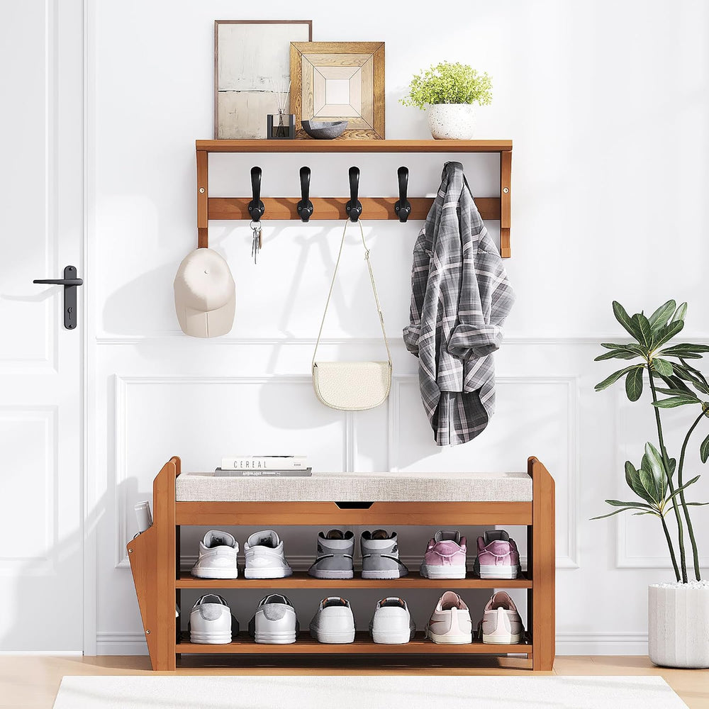 PETKABOO 31.5" Bamboo Shoe Rack Bench with Coat Rack, 3-Tier Entryway Be...