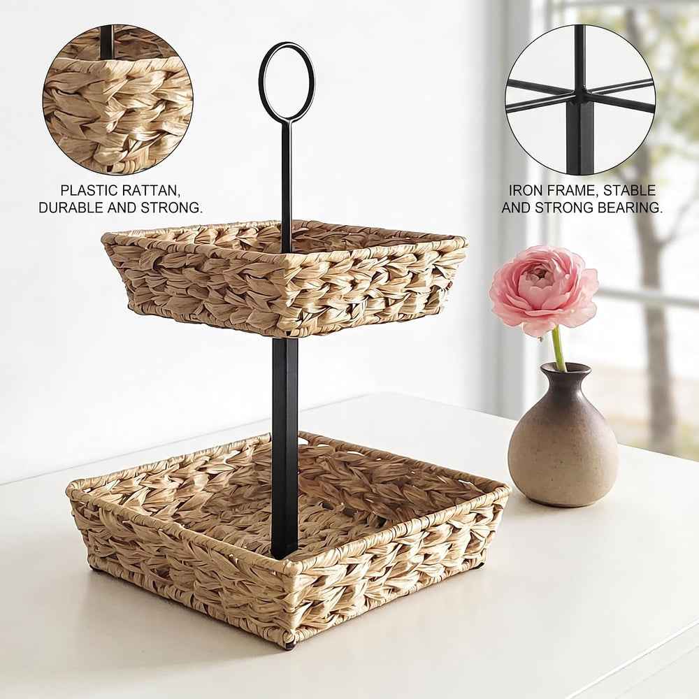 2-Tier Round Faux Rattan Wicker Storage Basket with Metal Frame, Countertop O...