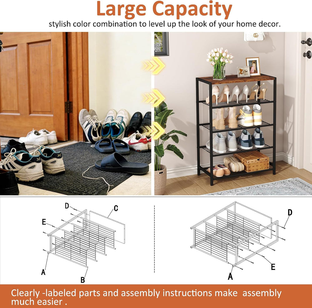HOMEFORT 5-Tier Shoe Rack, Shoe Storage Shelf with MDF Top Board, Shoe Rack O...