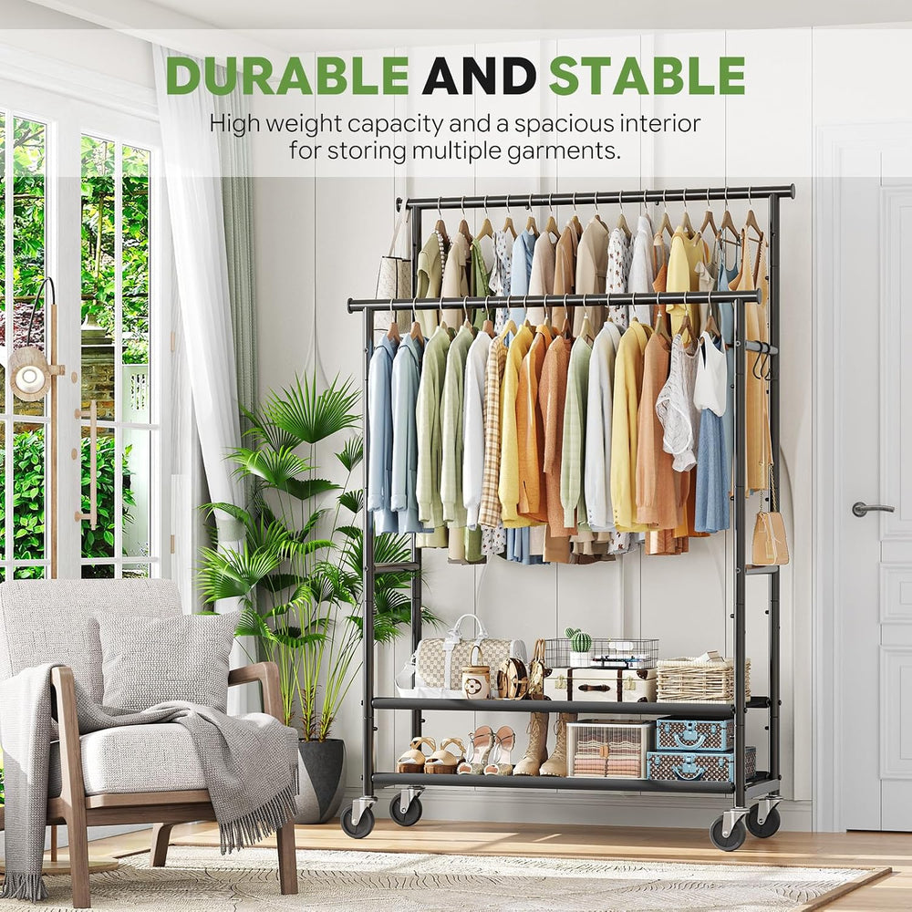 Ekisemio Double Rods Clothes Rack for Hanging Clothes, Rolling Clothing Rack ...