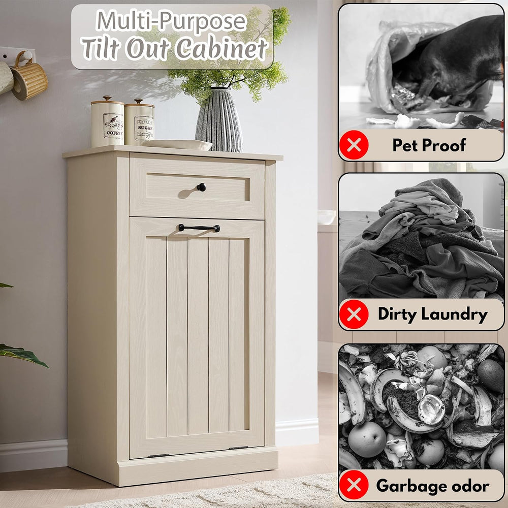 IFBUY Tilt Out Laundry Hamper Cabinet, Trash Can Cabinet, Cream