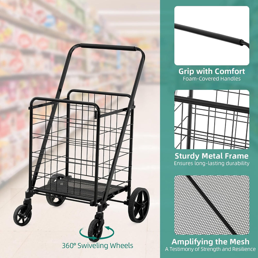 YITAHOME Utility Foldable Shopping Cart with Wheels, Large Reinforced Mesh Bo...