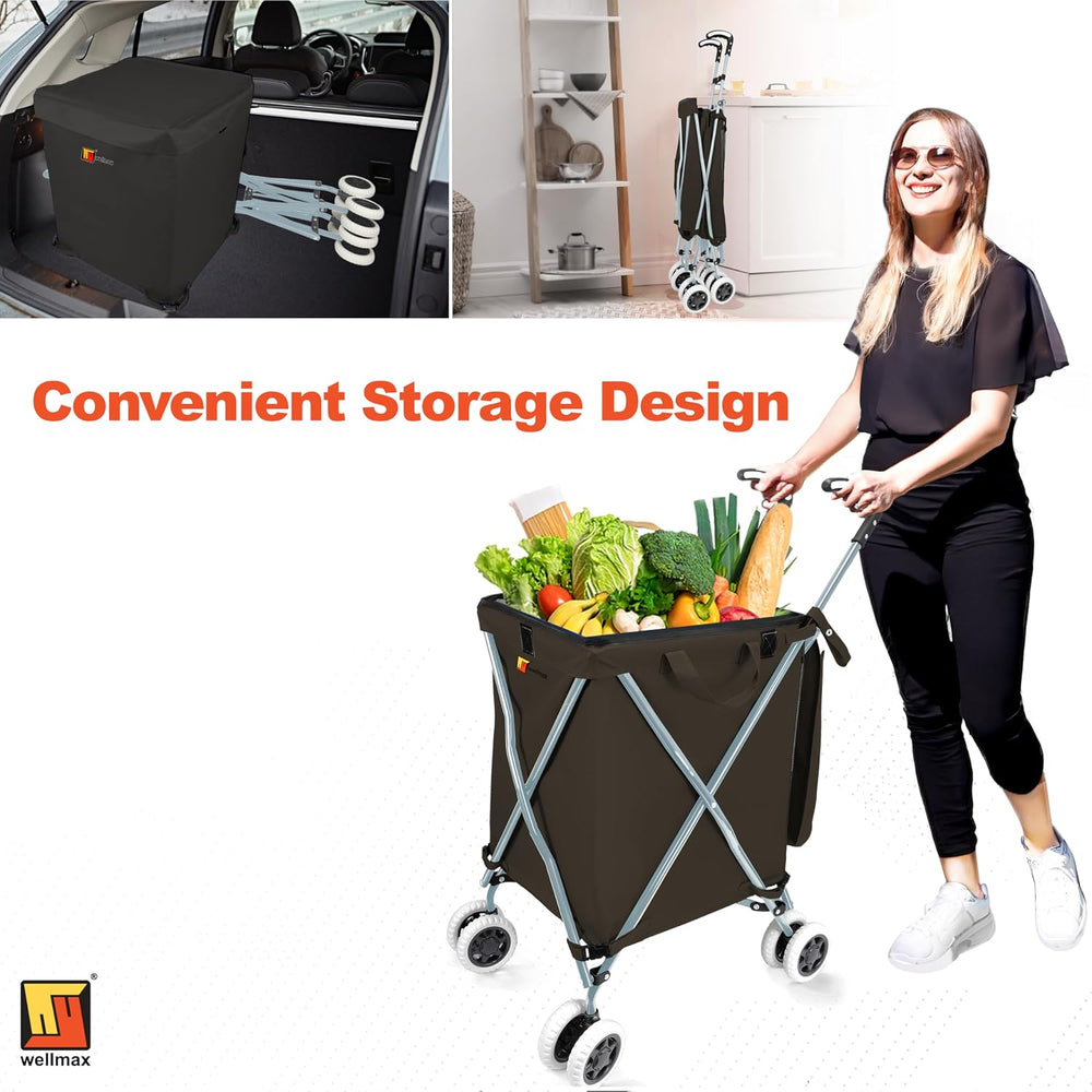Wellmax Folding Shopping Cart with Canvas Bag & Cover, Holds 120 lb, Black