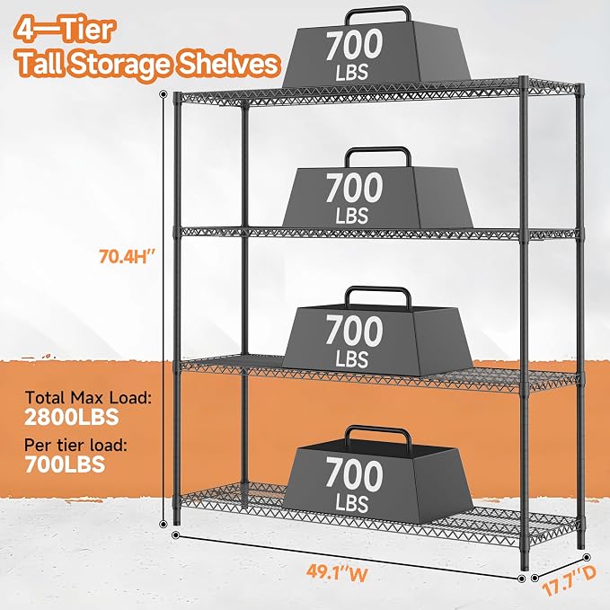 4 Tiers Storage Shelves Load 2640LBS, Metal Shelving Wire Metal Shelving Unit