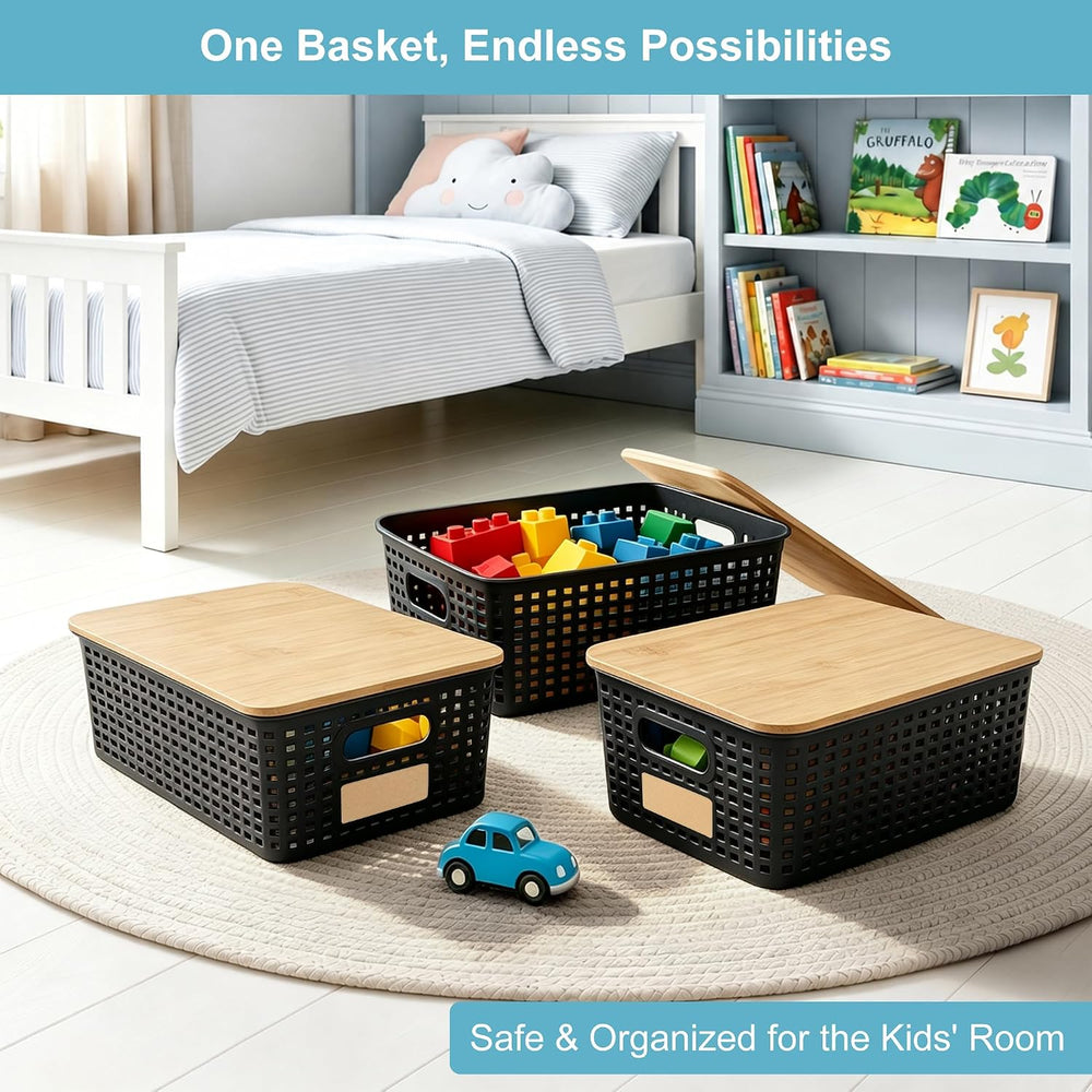 Small Plastic Storage Bins with Bamboo Lids 5.2qt Stackable Box Basket Pantry...