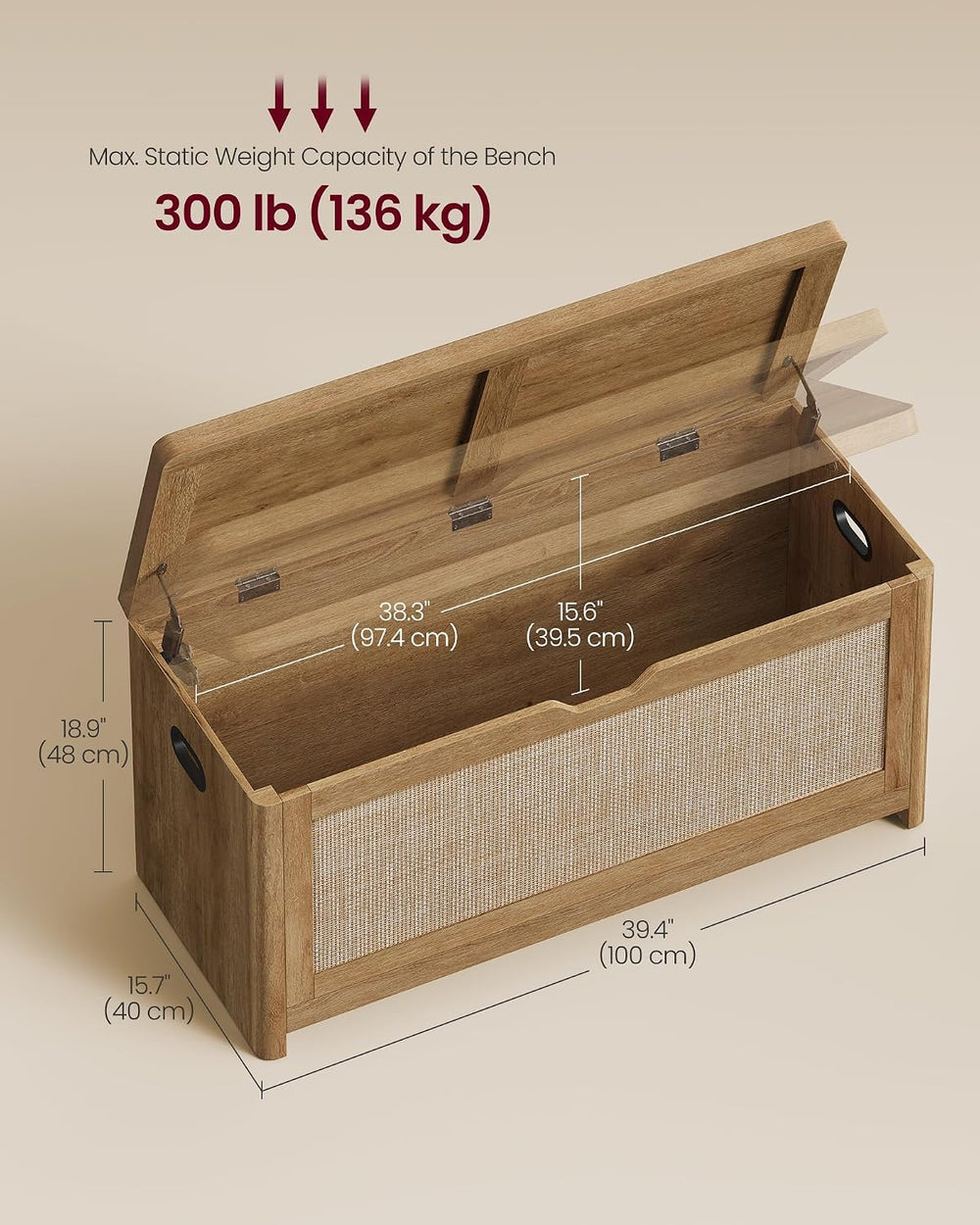 VASAGLE Boho Storage Bench with Rattan Look, Rounded Corners