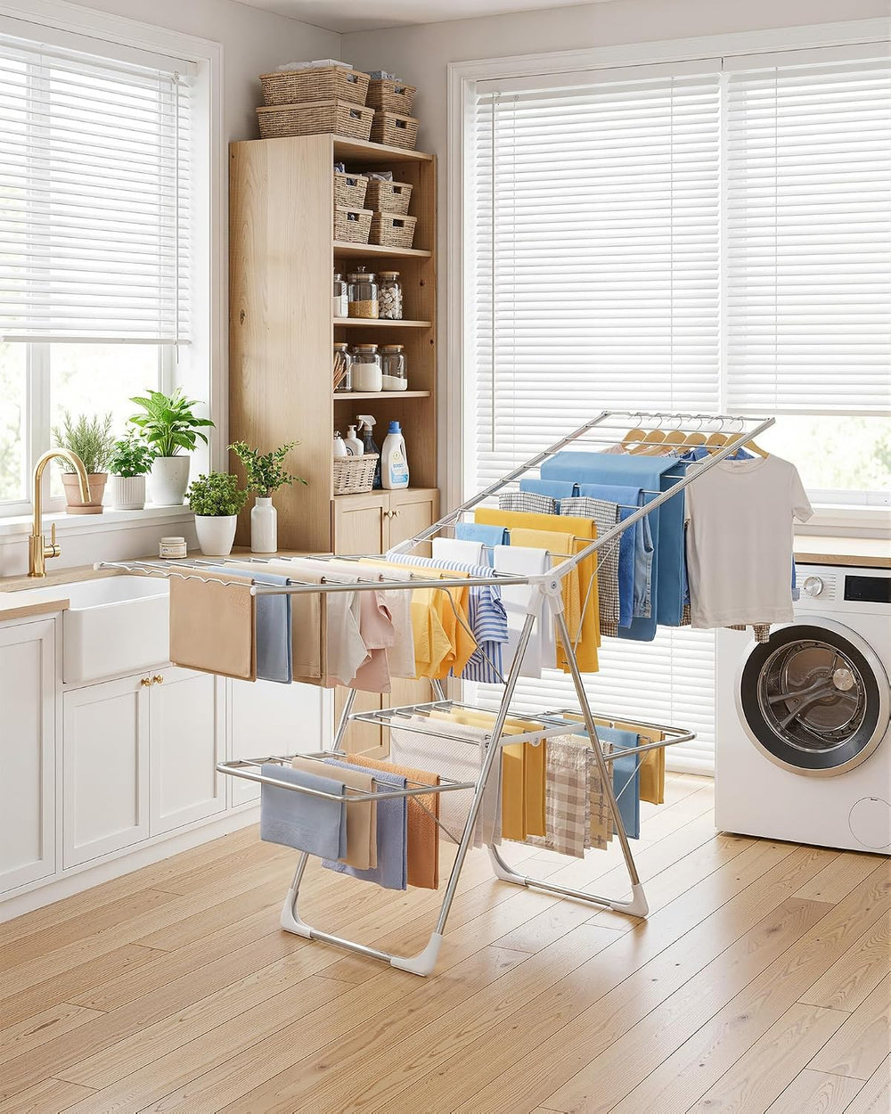 Sakugi Clothes Drying Rack, Foldable 2-Level with 70" Adjustable Wings