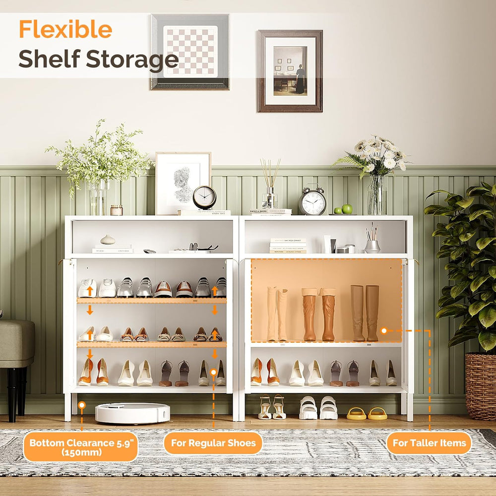 VINGLI Metal Shoe Cabinet, White Entryway Shoe Storage Cabinet with 2 Doors a...