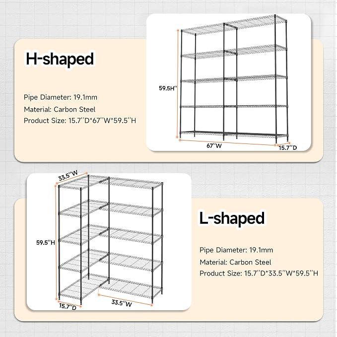 5 Tiers Storage Shelves Load 1500LBS, Metal Shelving Wire Metal Shelving Unit