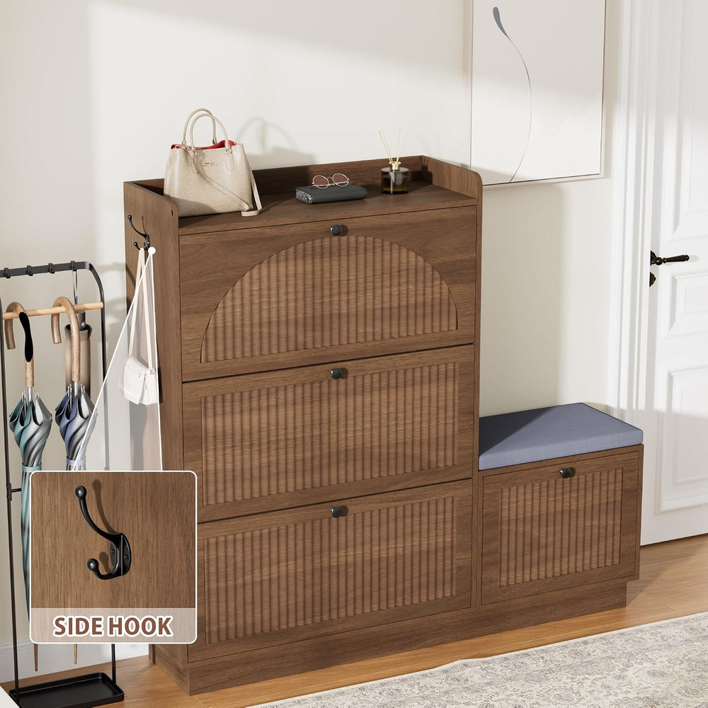 Shoe Cabinet with Bench, 4‑Flip Drawer Fluted Shoe Storage Cabinet with Remov...