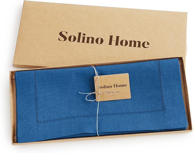 Solino Home Linen Indigo Blue Hemstitch Table Runner 60 Inches - 100% Pure Li...