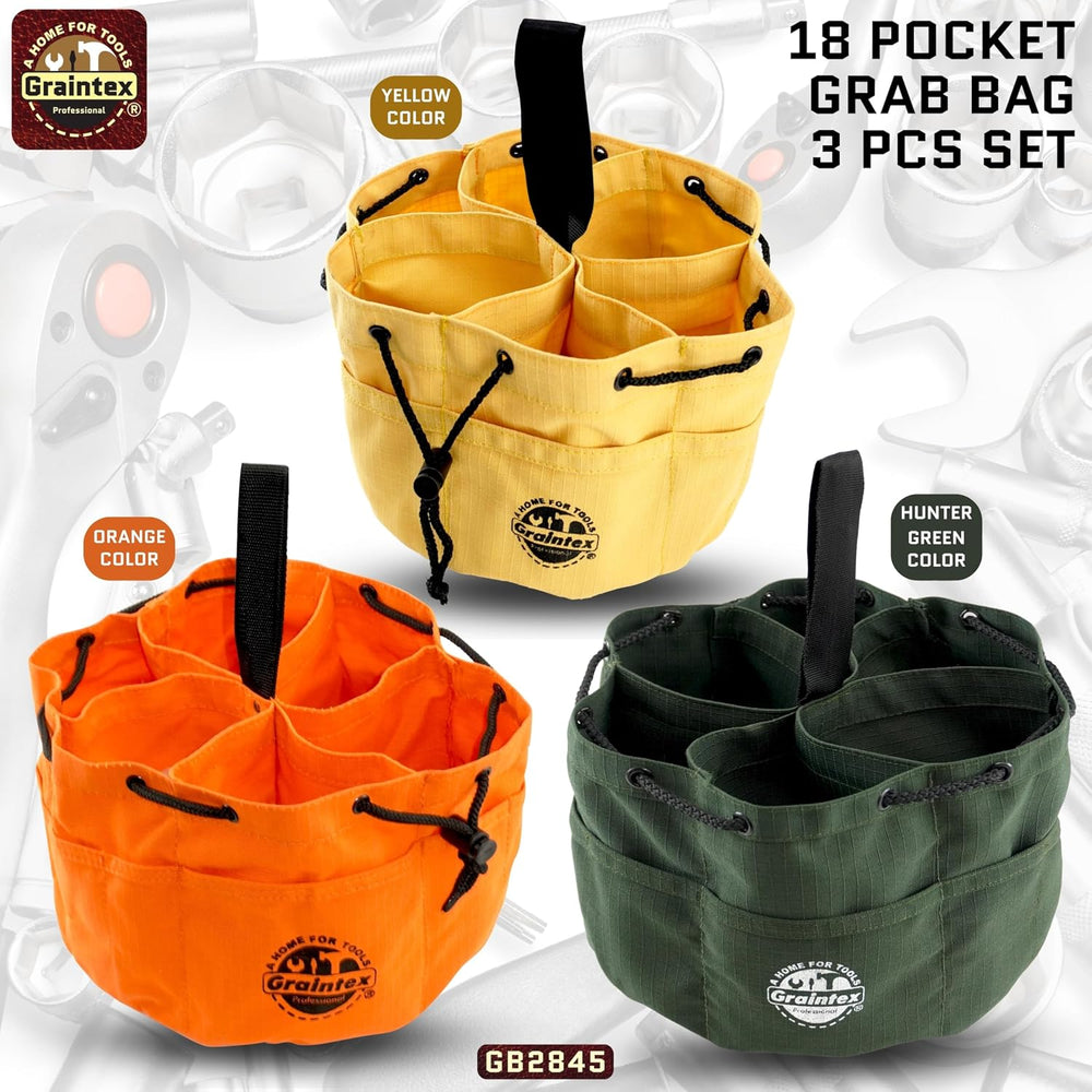 Graintex 18 Pocket Grab Bags Set of 3 Pcs Rip-Stop Canvas, Drawstring Closure...