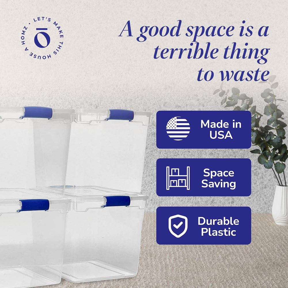 HOMZ Clear Plastic Storage Bins with Latching Lids, 31 Qt, Blue, 4 Pack