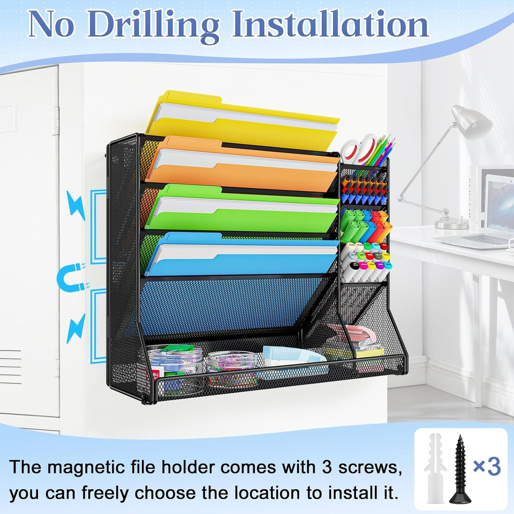 Jakyitvi 5-Tier Magnetic File Organizer R-Shaped Base Wall Hanging Black