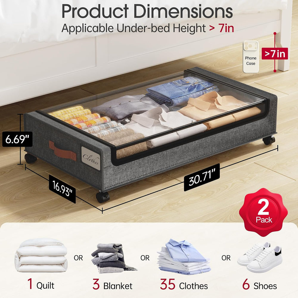 Yecaye Under Bed Storage with Wheels, 2 Pack Under Bed Storage Containers, Ro...
