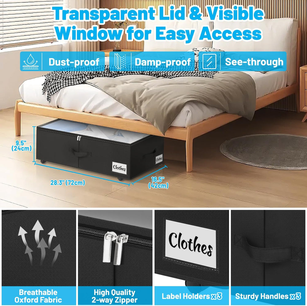 Under Bed Storage with Wheels, 3-Pack 10" Height XXL 75L Rolling Storage...