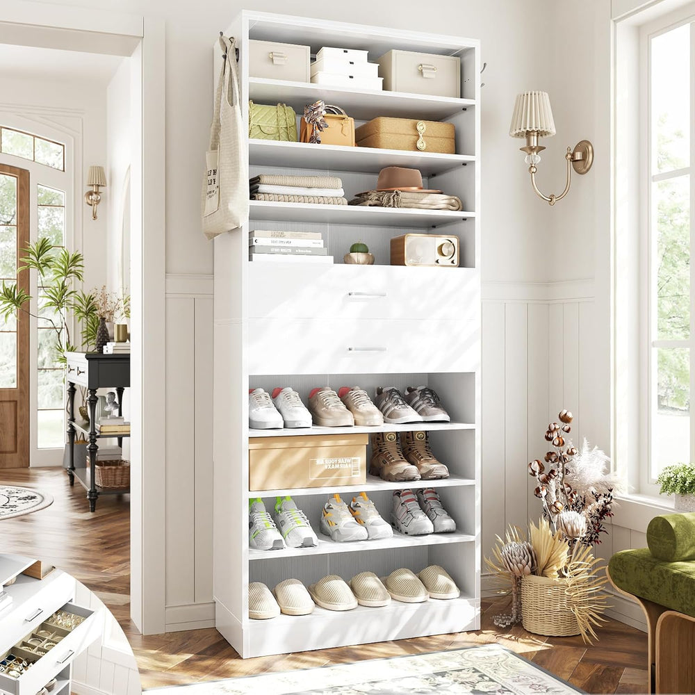 Aheaplus 10 Tiers Tall Shoe Cabinet, 25.6" Wood Sturdy Shoe Rack, White