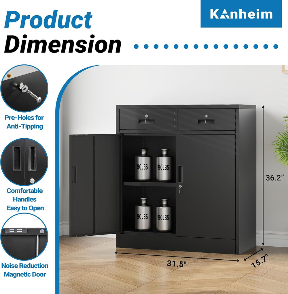 Metal Storage Cabinet, 36" Locking Cabinet with 2 Drawers & Shelves