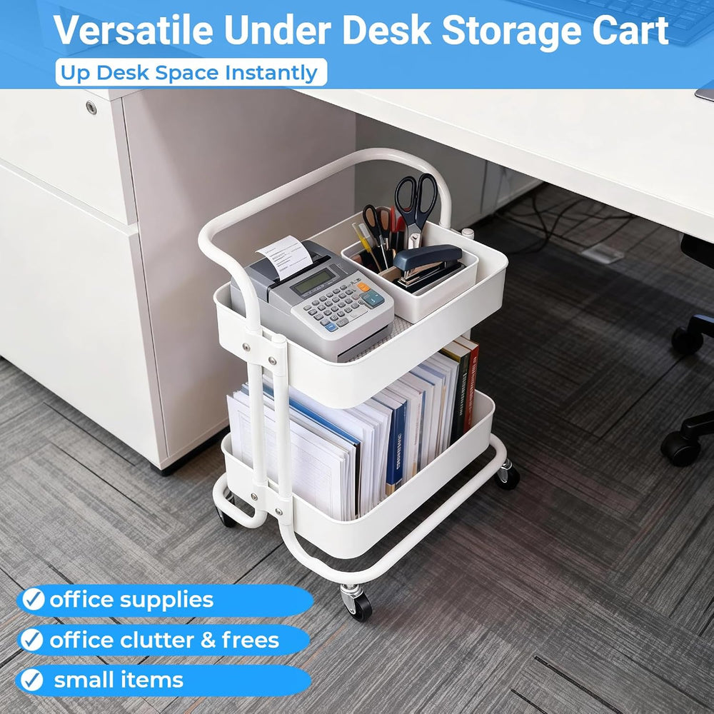 2 Tier Cart with Wheels Under Desk Storage with Handle, Metal Rolling Pantry ...