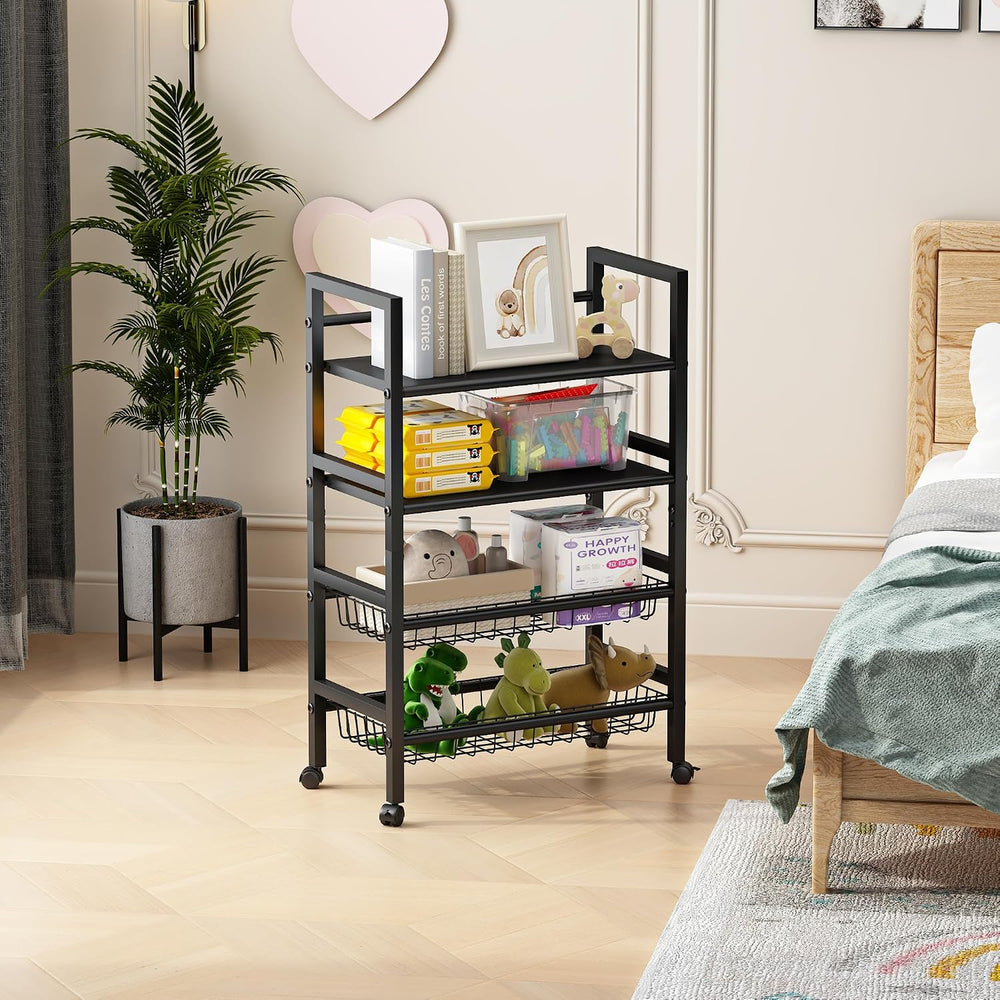 4-Tier Rolling Metal Storage Cart Mobile Organizer with Removable Grid Basket...