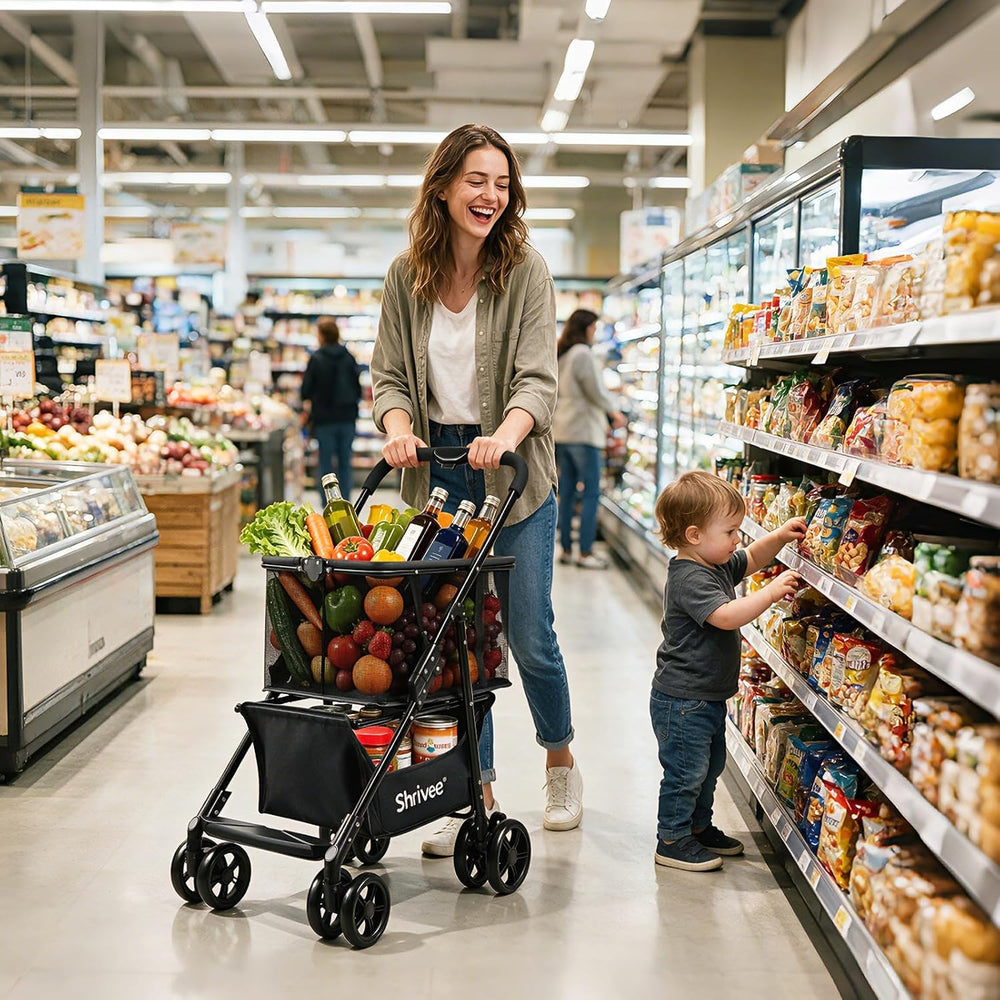 2 Tier Folding Shopping Cart with Removable Mesh Basket, Black