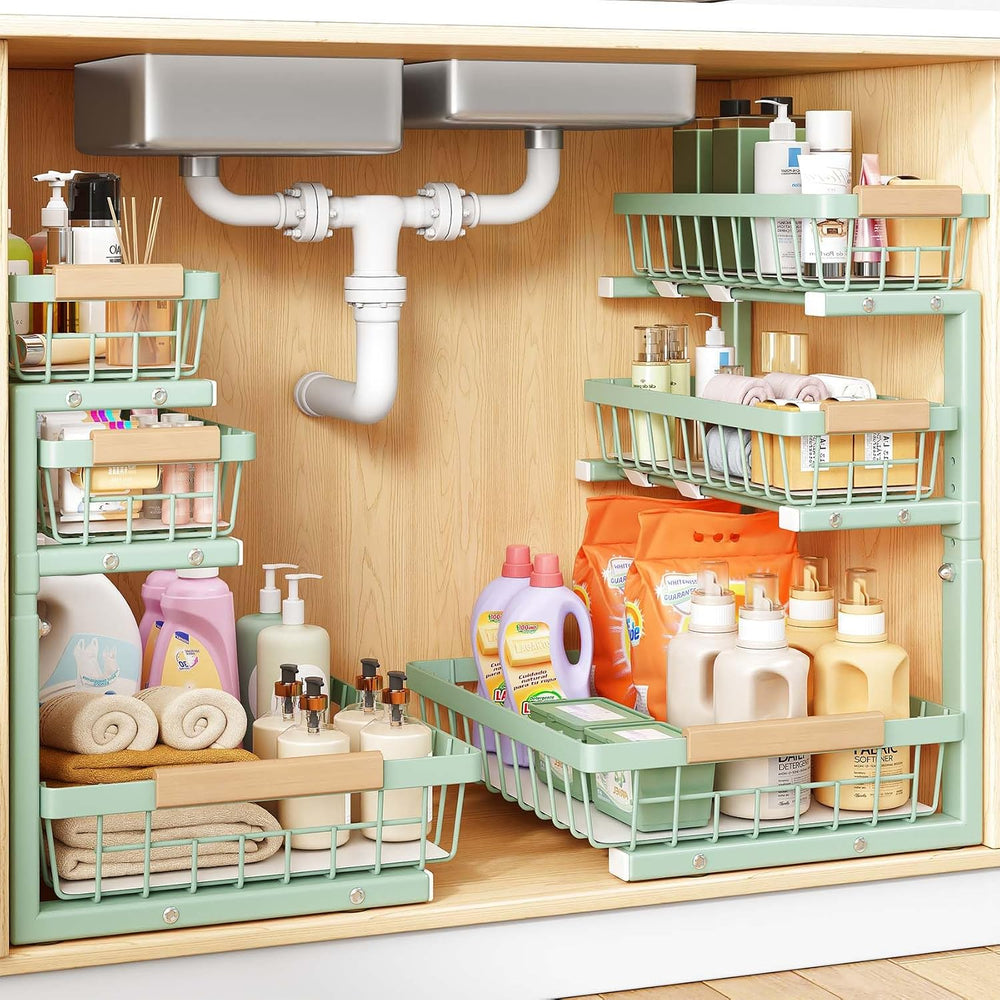 PXRACK Under Sink Organizer, 2-Pack 3-Tier Height Adjustable Thickened Metal ...