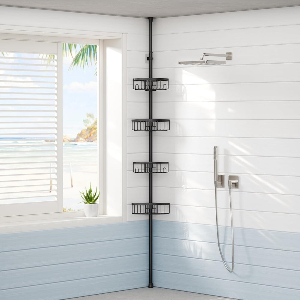 TOOLF 4 Tier Tension Pole Shower Caddy, 12 Adjustable Heights, Flat Black