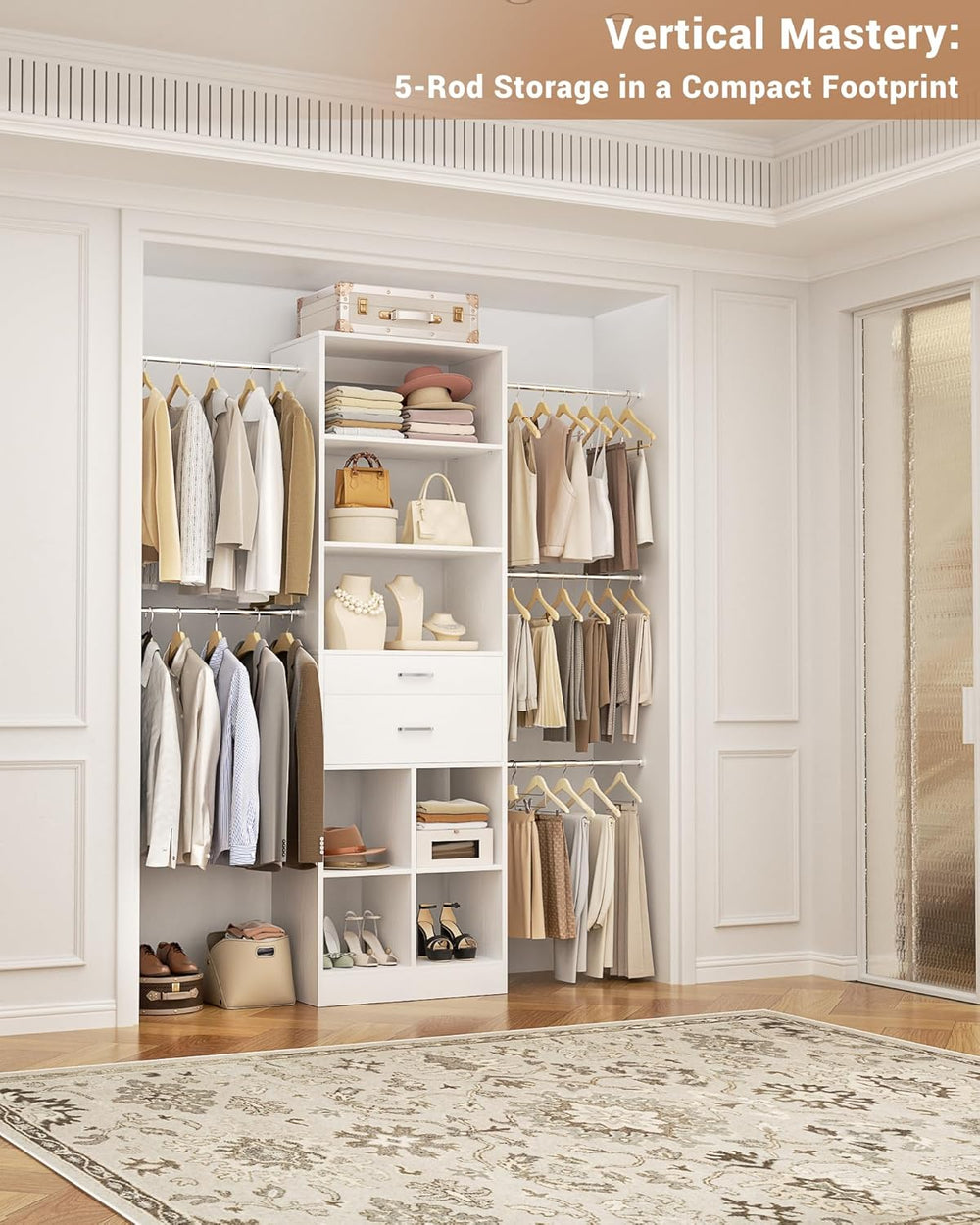 Besiost Small Closet System, 3.2-6.8FT Small Closet Organizer with 2 Wooden D...