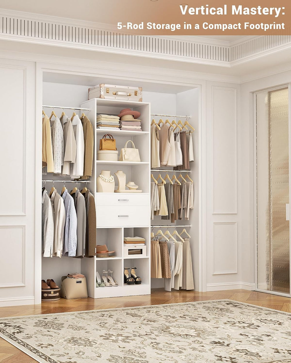 Besiost Small Closet System 3.2-6.8FT Closet Organizer with Wooden Drawers