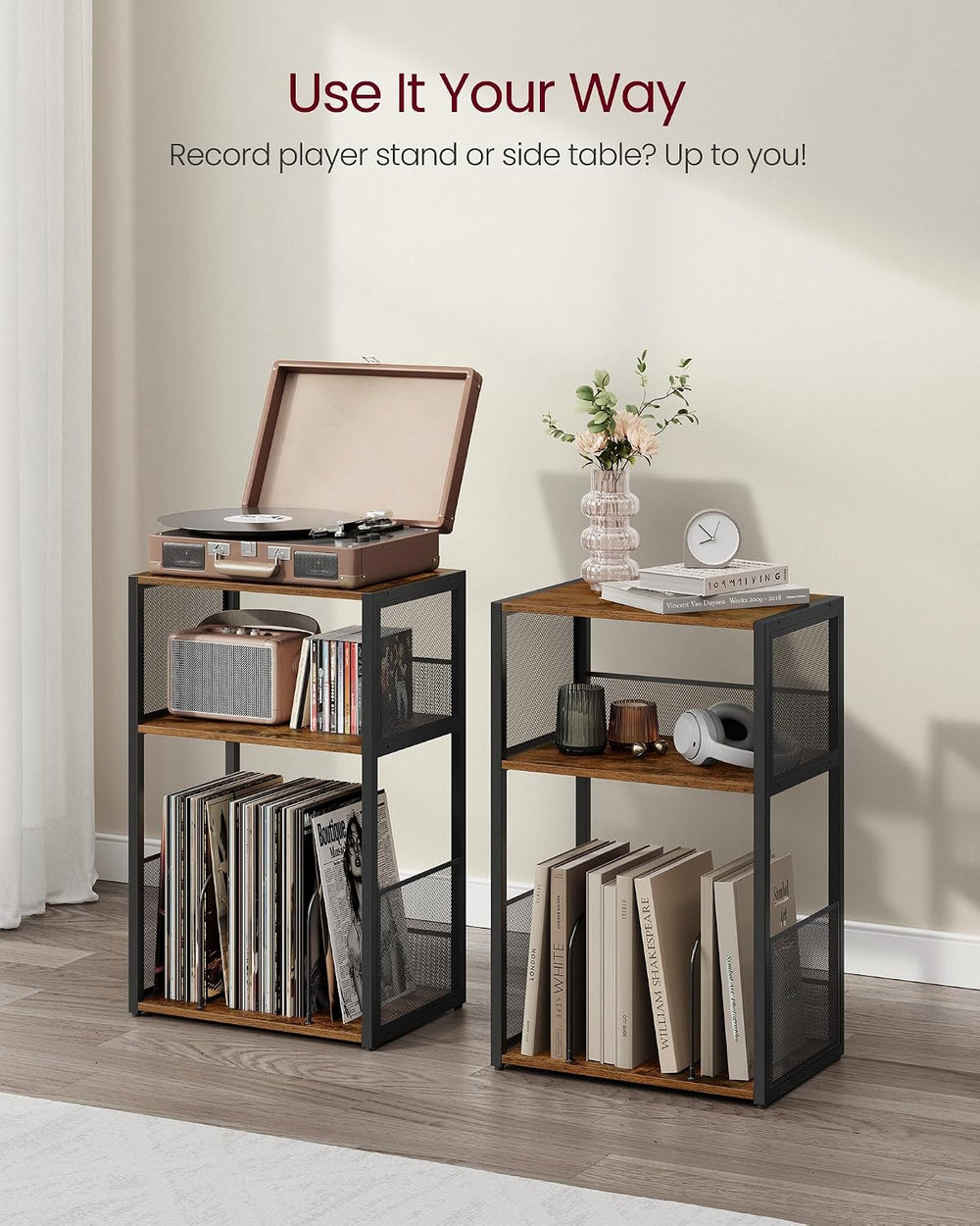VASAGLE 3-Tier Record Player Stand, Vinyl Record Storage up to 100 Albums