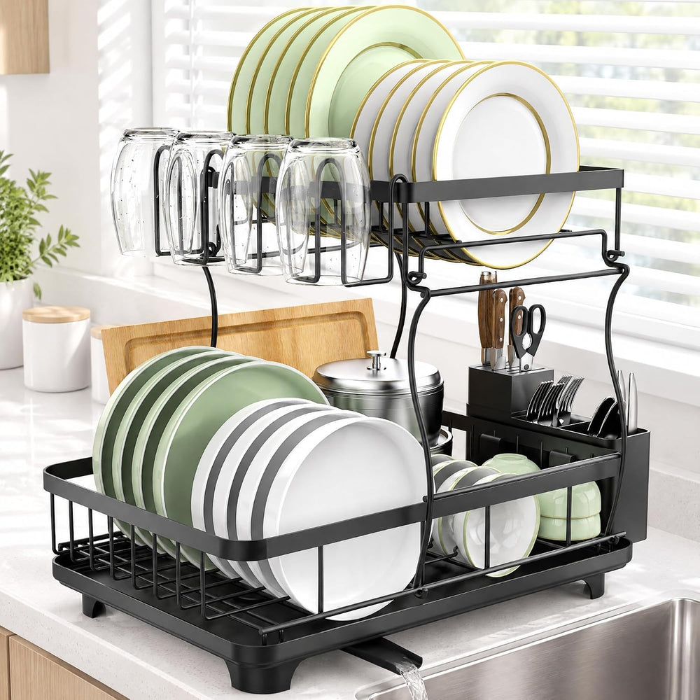 2-Tier Large Dish Drying Rack for Kitchen Counter, Black