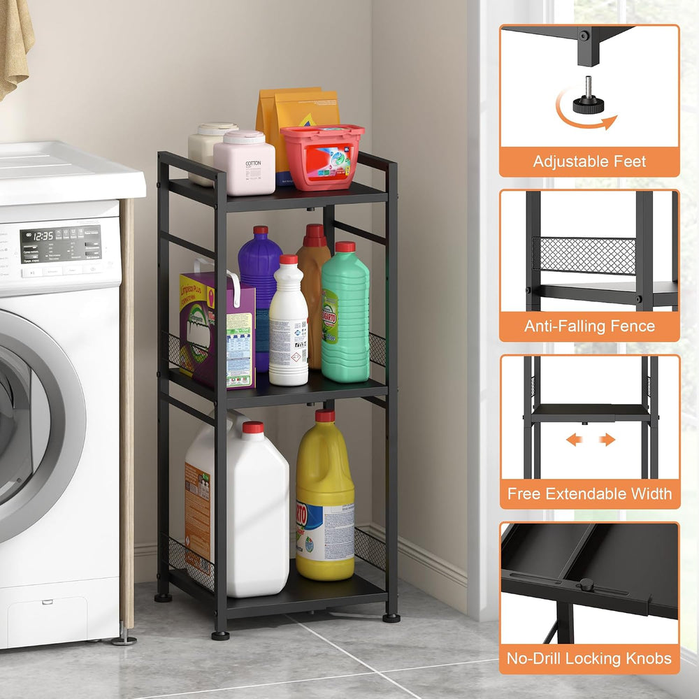 3-Tier-Narrow-Metal-Shelving-Unit, Expandable Bathroom Laundry Shelves