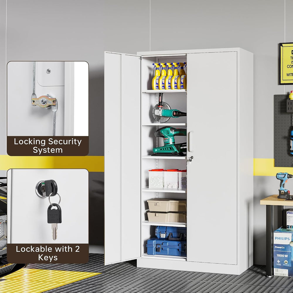 71" H Metal Storage Cabinet with Lock, White Garage Cabinets with 2 Door...
