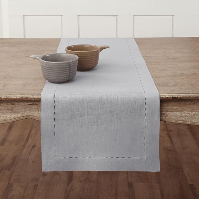 Solino Home Linen Soft Grey Table Runner 60 Inches - Classic Hemstitch, 100% ...