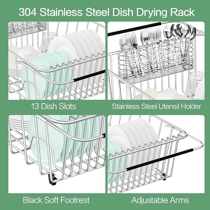 Large Sink Dish Drying Rack, Expandable 304 Stainless Steel Metal Dish Drainer