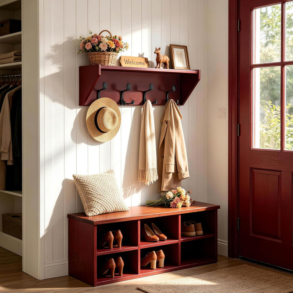 SKOLOO Wall Shelf with Hooks, 24-Inch Cherry Coat Rack Wall Mount with Shelf ...