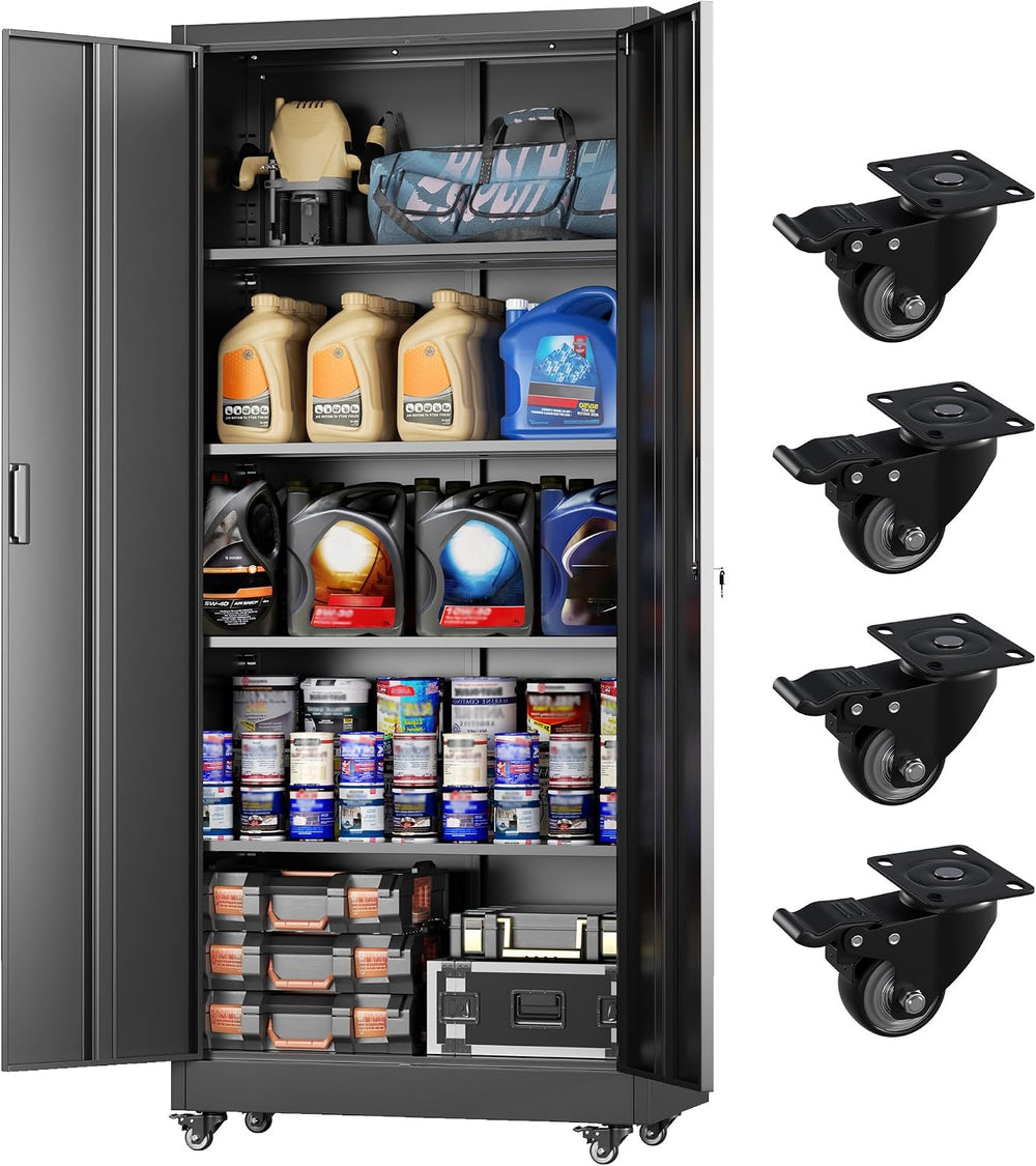 73" Rolling Storage Cabinet,Black Metal Garage Cabinet with Locking Door...