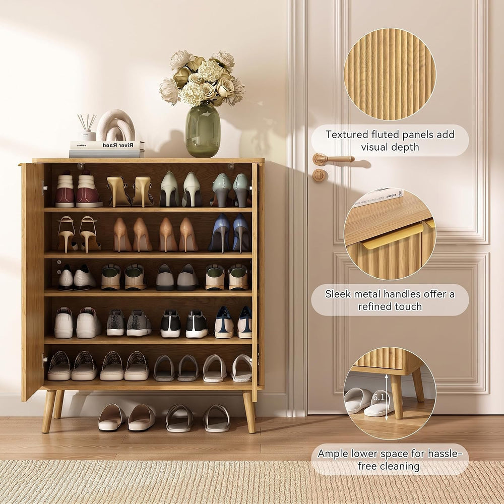 5-Tier Shoe Storage Cabinet with Adjustable Shelves, Light Oak