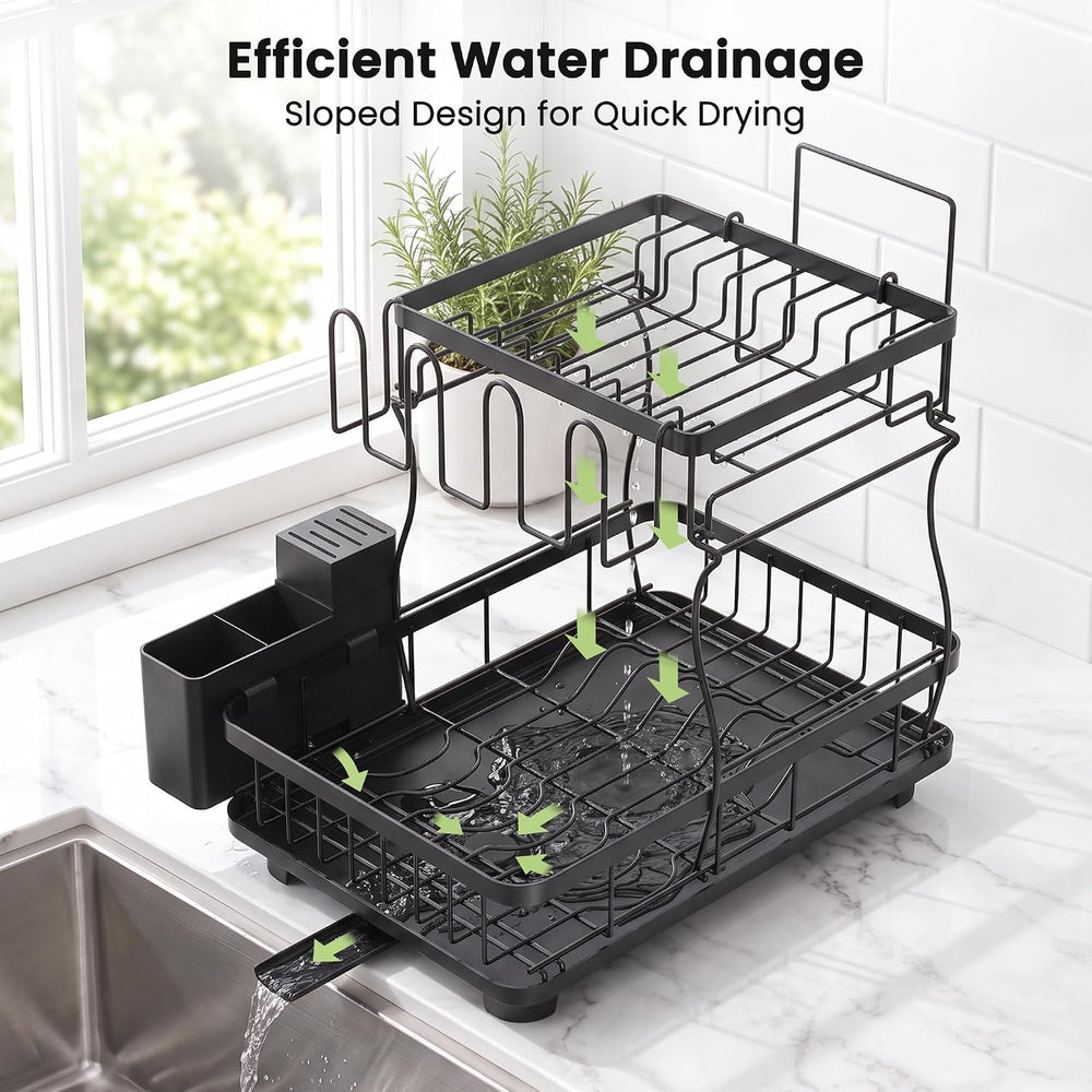 2-Tier Large Dish Drying Rack for Kitchen Counter, Black