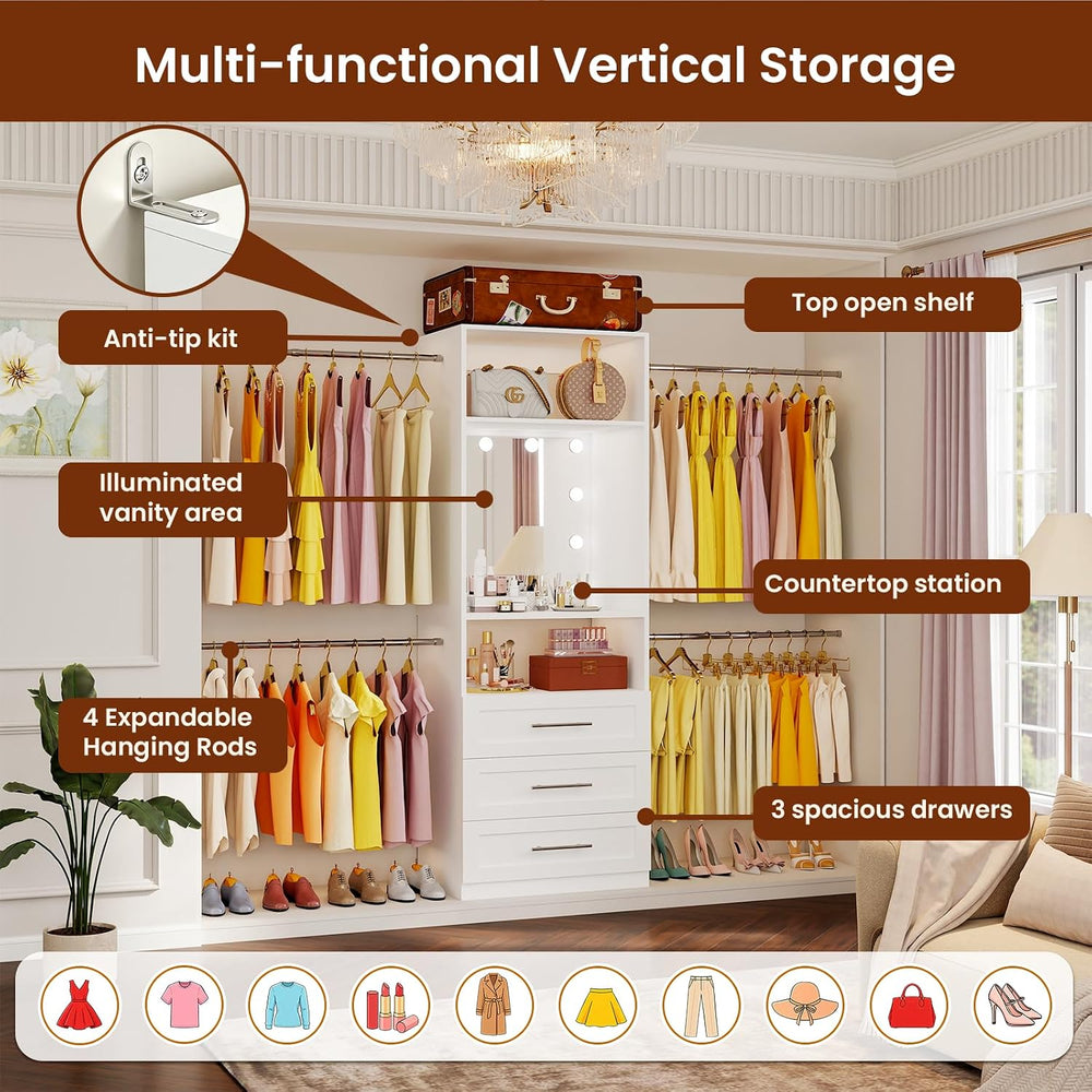 Closet System with 3 Drawers & Hollywood Lighted Mirror, 2–10FT