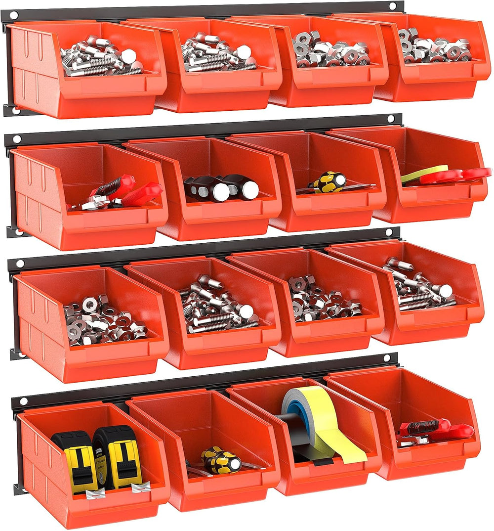 TORACK Wall Mounted Storage Bins, 16 Plastic Bins for Tools Organization