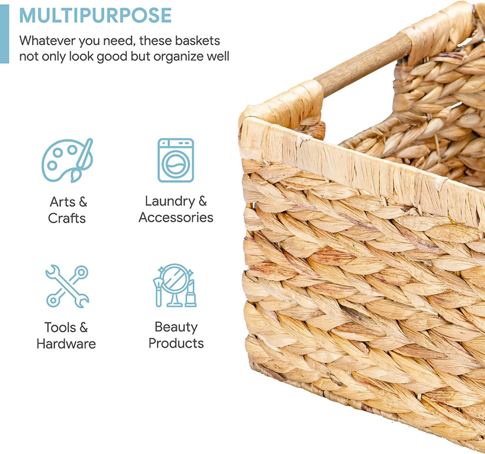 VATIMA Large Rectangular Wicker Basket with Wooden Handles for Shelves and St...