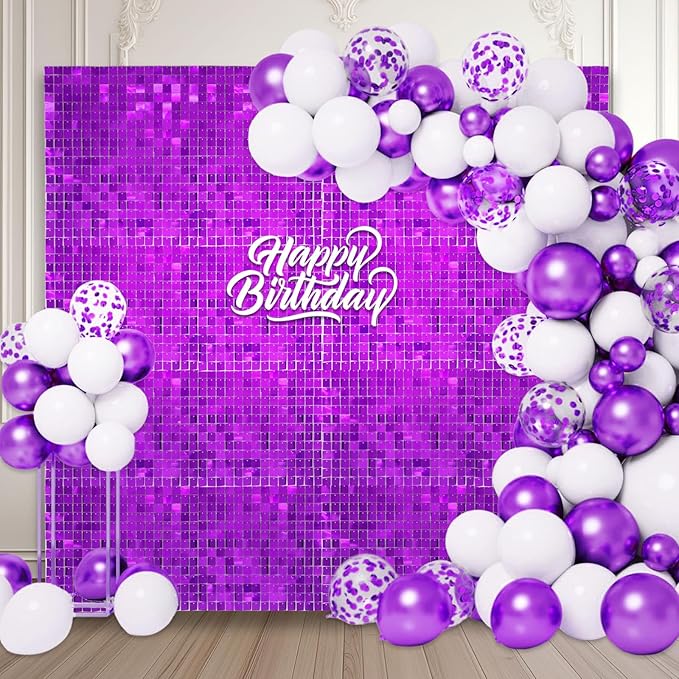 12PCS Purple Shimmer Wall Backdrop, Square Sequin Photo Backdrops Panel, Glit...
