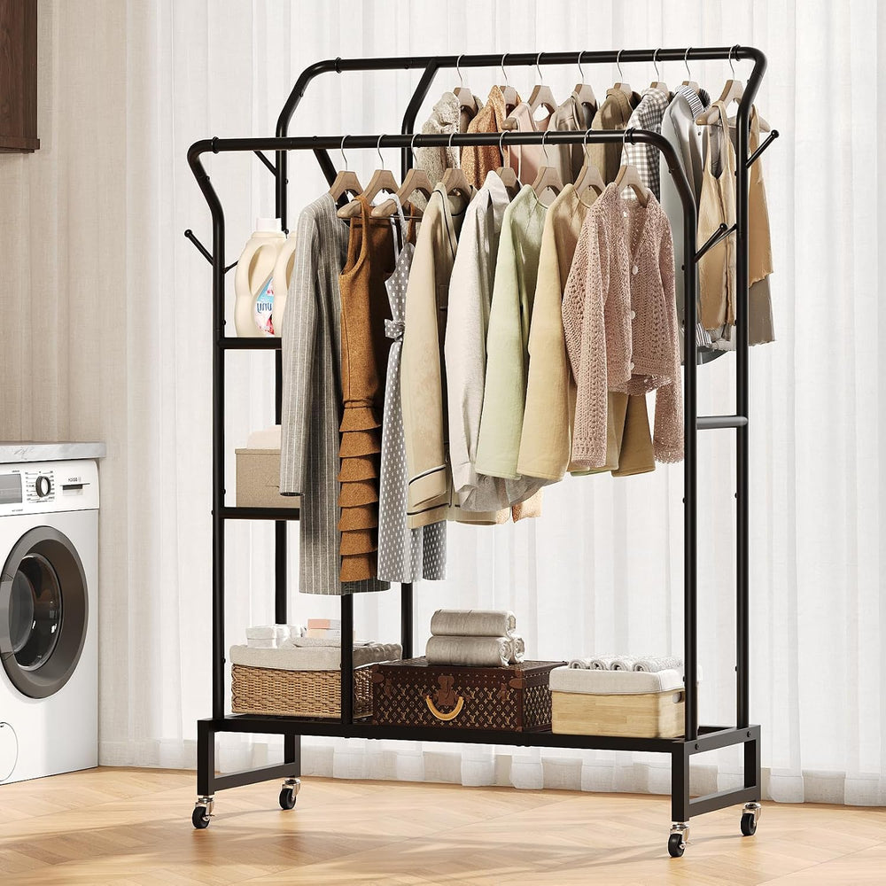 Yoobure Double Rods Clothes Rack - Portable Clothing Rack with Wheels, Rollin...
