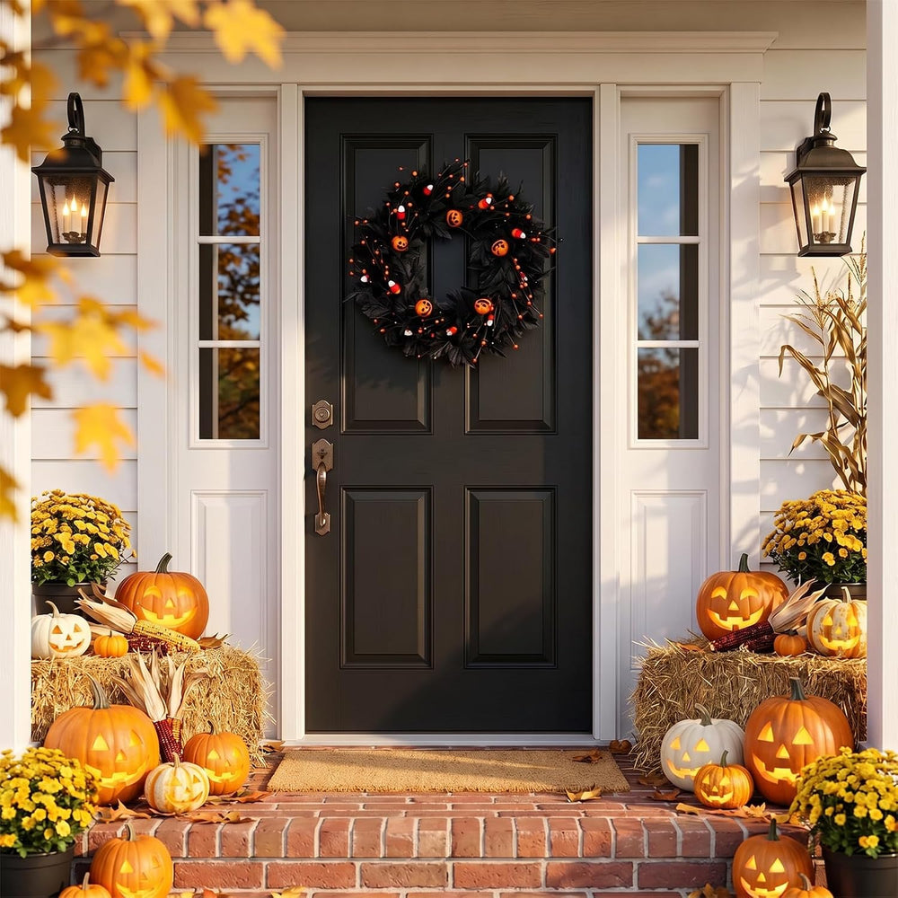 Pumpkin Halloween Wreath 24 Inch Black Maple Leave Wreaths for Front Door wit...