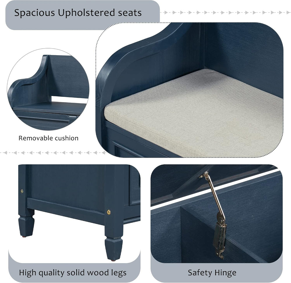 P PURLOVE 42 Inch Rustic Style Storage Bench,Antique Navy and Beige