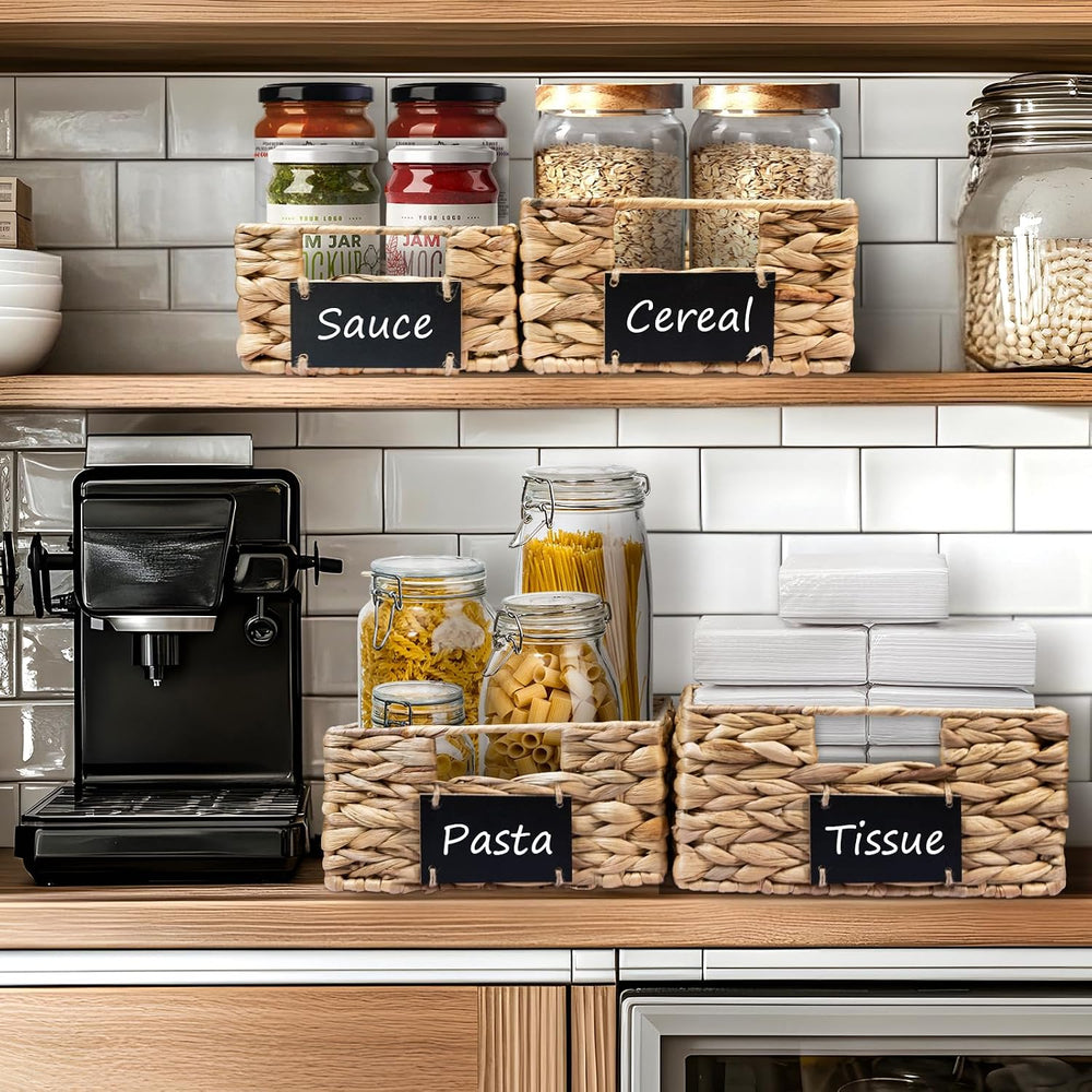 Set of 4 Sizes Hand-Woven Pantry Shelf Baskets, Hyacinth Storage Baskets with...
