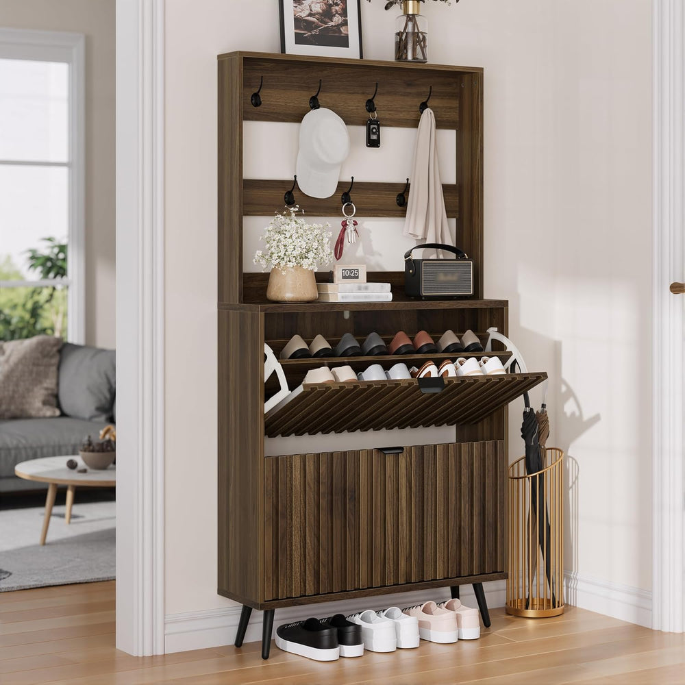Smuxee Shoe Cabinet with 2 Flip Drawers & Coat Rack Hooks, 31.5" Wal...